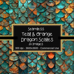 Dragon Scales Seamless Digital Paper, Teal and Orange Bronze Dragon Scales, Dragon Scale Textures, Mermaid Scale Patterns