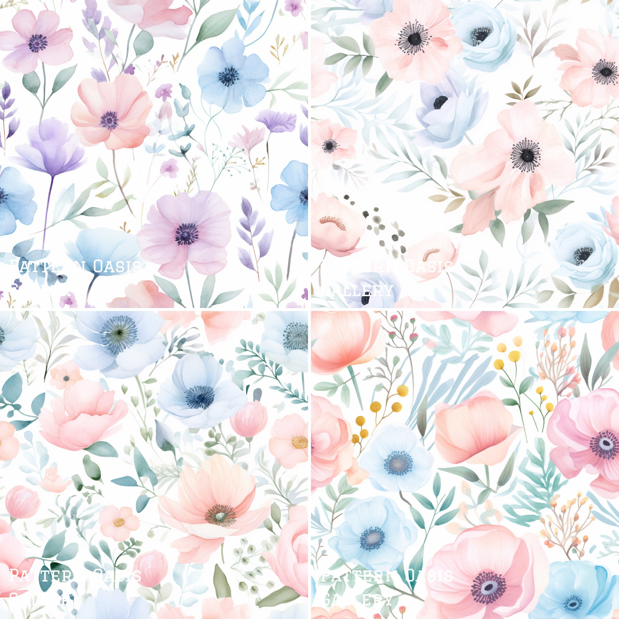Pastel Flowers Seamless Digital Paper, Floral Watercolor Painting ...