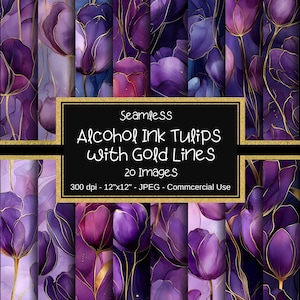 Alkohol Tinte Tulpen Nahtloses digitales Papier, Lila Tulpen-Muster, 20 Designs, 12 "x 12", Alkohol Tinte Blumenmuster, Alkohol Tinte Gold Linien