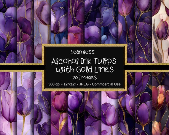 Purple Tulips, Alcohol Ink Gold Lines, Seamless Paper (Digital Download)