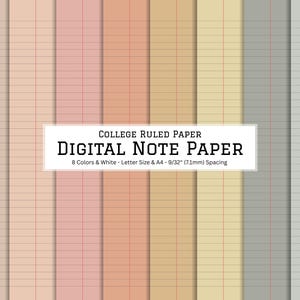 May include: Digital note paper in eight colors, with college-ruled lines. The paper is available in Letter size and A4, with 9/32 inch (7.1mm) spacing. The image shows a variety of pastel-colored sheets, including pink, peach, and beige.