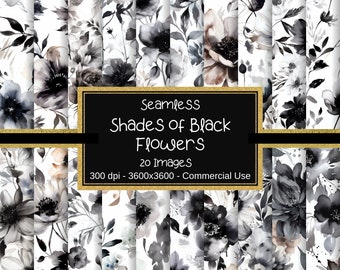 Black Flowers Seamless Patterns, Floral Digital Paper, 20 Designs, 12"x12", Flower Patterns, Black Floral Papers, Shades of Black