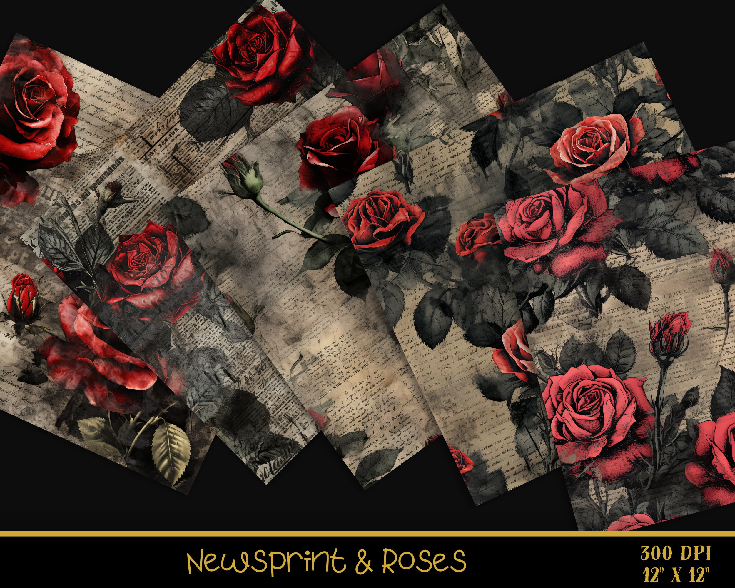 Paper Texture Type Roses Gothic Roses and Newsprint Seamless Digital Paper, Vintage Flower ...