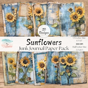 Sunflowers Junk Journal Pages, Full and Half Papers, Distressed Sunflowers Pages, Flower Printables, Scrapbook, Ephemera, Digital Collage