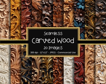 May include: A set of 20 seamless digital paper patterns featuring intricate carved wood designs in various shades of brown, gold, and white. The patterns are 12 inches by 12 inches and 300 dpi.