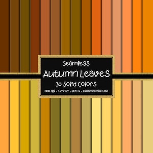 May include: A digital paper pack with 30 seamless autumn leaf patterns in solid colours. The patterns are 30.5 cm by 30.5 cm and 300 dpi. Seamless Autumn Leaves 30 Solid Colours 300 dpi - 12"x12" - JPEG - Commercial Use