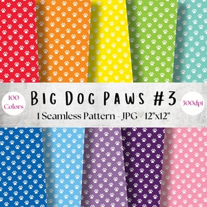 100 Colors Paw Print Digital Paper Pack - pattern #3, printable puppy dog scrapbook paper, seamless animal paw print digital background, big