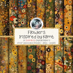Gustav Klimt Inspired Flowers Seamless Pattern, Flowers Klimt Digital Paper, Klimt Floral Pattern, 20 Designs, 12"x 12", Commercial Use