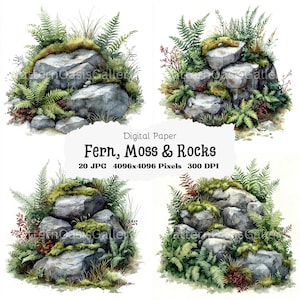 May include: Digital paper pack featuring four watercolor illustrations of mossy rocks and ferns. The rocks are gray and the ferns are green. The illustrations are perfect for creating nature-themed designs.