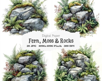 20 Fern Moss and Rocks clipart, aquarel Mossy Rocks afbeeldingen, varen groeien op rotsen, hoge kwaliteit jpg's, scrapbooking, natuurkunst aan de muur