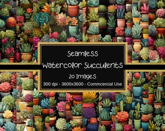Watercolor Succulents Seamless Patterns, Succulents Digital Paper, 20 Designs, 12"x12", Commercial Use, Watercolor Succulent