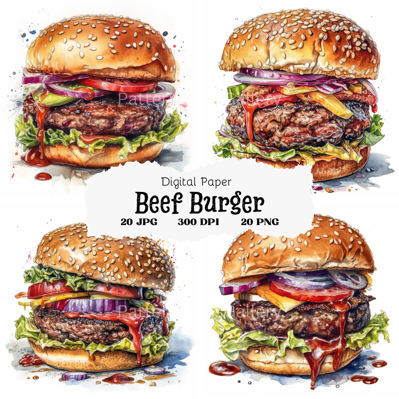 Op de afbeelding: Vier aquarel illustraties van rundvleesburgers met sesamzaadjes, sla, tomaat, ui, kaas en ketchup. De digitale papierset bevat 20 JPG- en 20 PNG-bestanden met 300 DPI.
