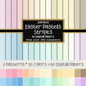 Stripes Pattern Seamless Digital Paper, Easter Pastel Colors & White, Scrapbook Page, Background, Commercial Use, 12"x12", 60 Papers, Pastel