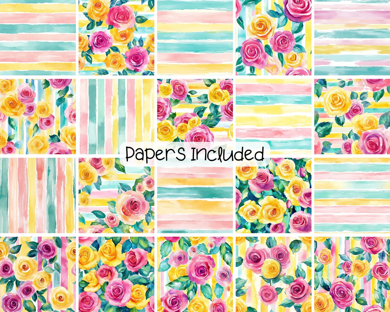 Watercolor Flowers Stripes Digital Paper Pack, Seamless Floral Stripe ...