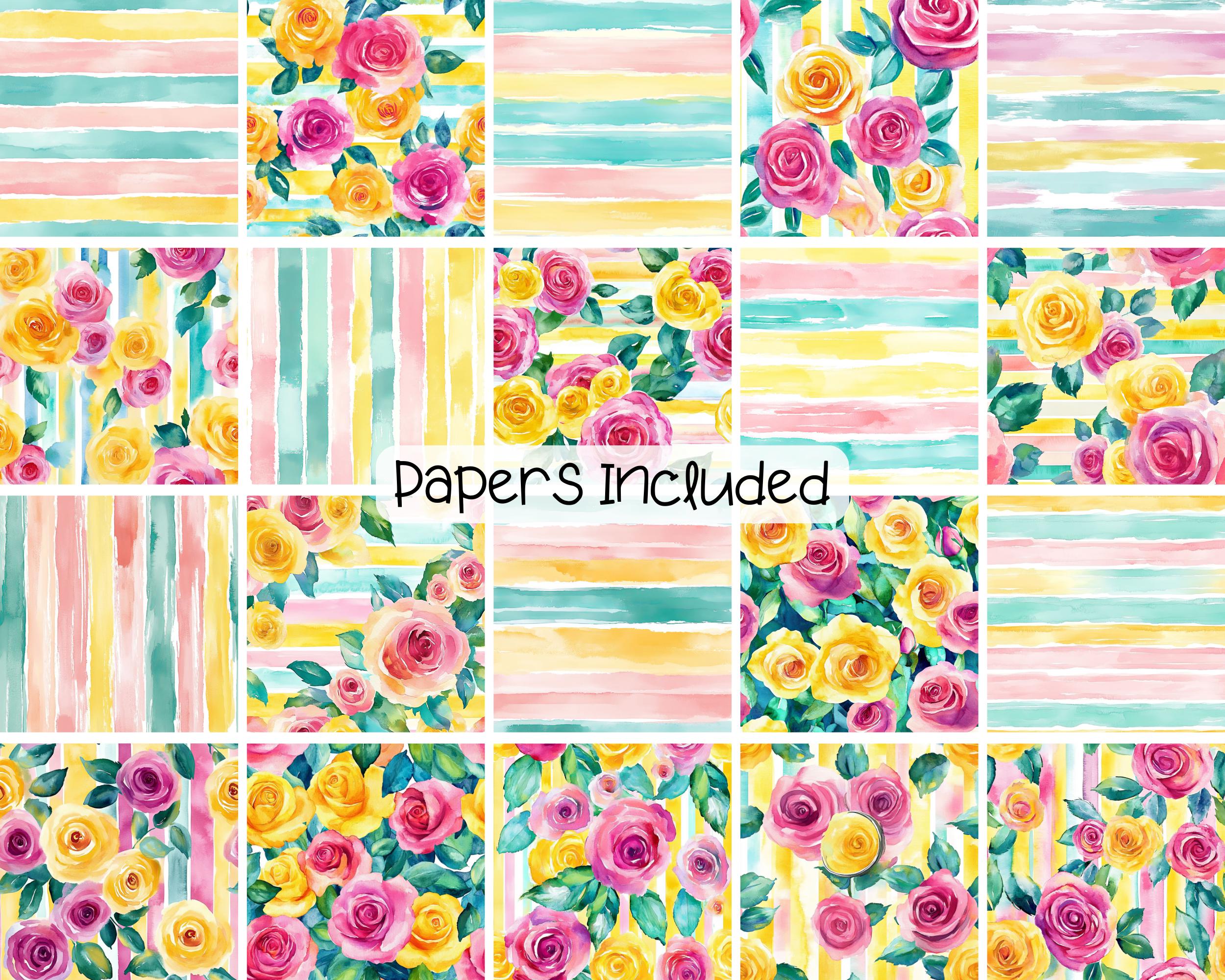 Watercolor Flowers Stripes Digital Paper Pack, Seamless Floral Stripe ...