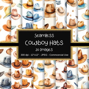 Cowboy Hats Seamless Digital Paper, Wild West Seamless Patterns, 20 Design, 12&quot;x12&quot;, Cowboy Pattern, Cowboy Design, Scrapbooking, Printable