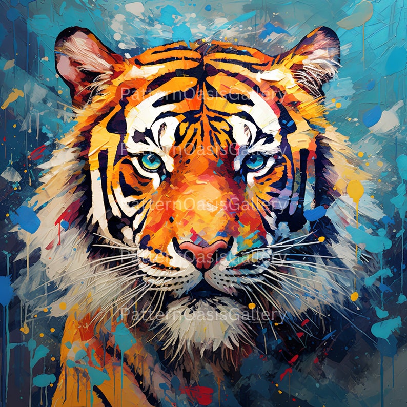 May include: A close-up of a tiger's face with blue eyes. The tiger is painted in a colourful style with splashes of blue, yellow, and orange paint.