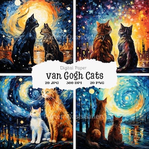 May include: Digital paper featuring four images of cats in a Van Gogh style. Each image features two cats sitting side-by-side, looking at a starry night sky. The cats are in various colors, including black, orange, and white. The images are in a square format and have a digital paper texture.