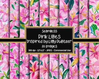 Roze lelies naadloos digitaal papier, bloemenachtergrond, 20 ontwerpen, 12 x 12 inch, tropisch patroon, geïnspireerd door Lilly Pulitzer, abstracte lelies