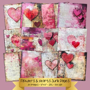Valentines Day Junk Journal Pages, Printable Journal Paper, Love Ephemera, Distressed Paper, Grunge Mixed Media, Collage Paper, Hearts