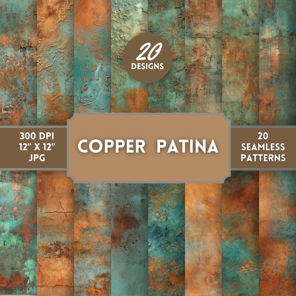 Distressed Copper Patina Digital Paper - Seamless Antique Copper Textures, Printable Paper, Instant Download, Grunge Copper and Patina Green