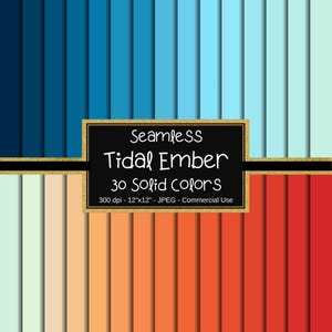 May include: A digital art graphic featuring 30 solid color swatches in a seamless pattern. The color palette ranges from deep blues to warm oranges and reds. The image includes the text "Seamless Tidal Ember" and "30 Solid Colors".