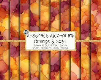 Abstract Alcohol Ink Digital Paper Bundle, Seamless Warm Orange Sunset Texture Patterns (Digital Download)