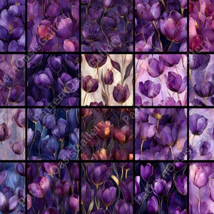 May include: A collage of watercolor paintings featuring purple tulips with gold accents. The artwork is divided into sixteen squares, each showcasing a different arrangement of the floral design. The color palette includes shades of purple, gold, and hints of pink.