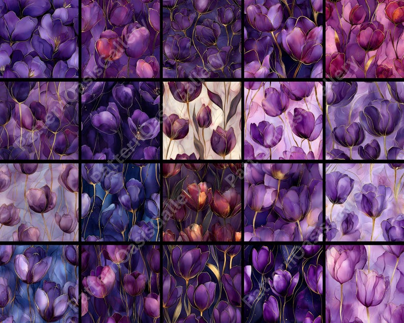 May include: A collage of watercolor paintings featuring purple tulips with gold accents. The artwork is divided into sixteen squares, each showcasing a different arrangement of the floral design. The color palette includes shades of purple, gold, and hints of pink.