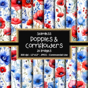 Mohnblumen und Kornblumen Musterdesign, Mohnblumen und Kornblumen Digitales Papier, 20 Designs, 12 "x 12", kommerzielle Nutzung, floraler Hintergrund