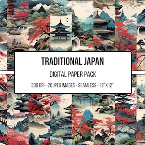 May include: A digital paper pack featuring 20 seamless, 12-inch by 12-inch images of traditional Japanese landscapes. The images feature mountains, pagodas, cherry blossoms, and bridges in a variety of colors, including blue, green, red, and white.