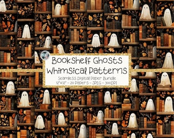 Ghost Bookshelf Digital Paper Bundle, Seamless Halloween Library Pattern, Cozy Autumn Backgrounds (Digital Download)