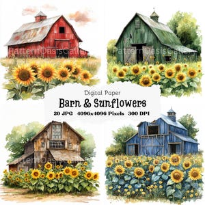 20 Barn and Sunflowers Clipart, Country Barn Images, Printable Watercolor Clipart Set, High Quality JPGs, Rustic Farm, Autumn Fall Clipart