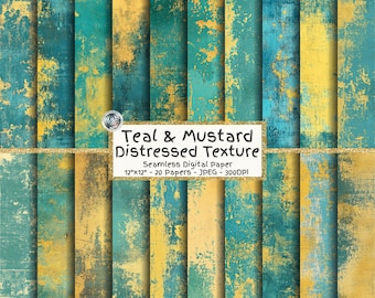 Teal Mustard Grunge Digital Paper Bundle, Seamless Distressed Textures (Digital Download)
