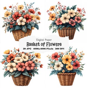 20 個の花のバスケットのクリップアート、水彩画のボヘミアン フラワーの画像、印刷可能なスケッチ アート セット、高品質の JPG、花の壁アート、春のクリップアート