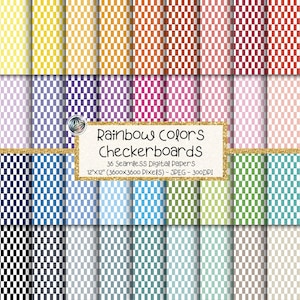 May include: A collection of 36 digital papers with a checkerboard pattern in various colors, including yellow, orange, red, purple, blue, green, and gray. Each paper is 12x12 inches and has a resolution of 3600x3600 pixels.