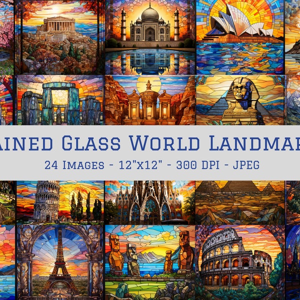 Stained Glass Landmarks of the World Digital Papers, World Landmark Stained Glass Backgrounds, 24 Designs, 12"x12", Commercial Use,Printable