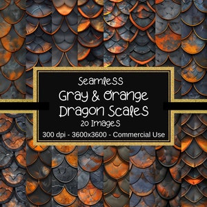 Dragon Scales Seamless Digital Paper, Gray and Orange Bronze Dragon Scales, Dragon Scale Textures, Mermaid Scale Patterns