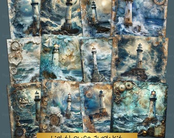 Lighthouse Junk Journal Pages, Ocean Themed Scrapbook Digital Paper, Printable Coastal Collage Sheet, Vintage Junk Journal Kit, Sea Ephemera