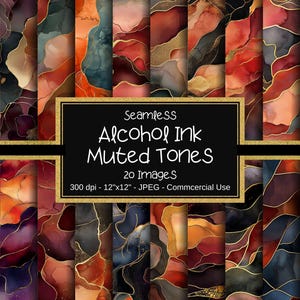 May include: A set of 20 digital paper designs featuring abstract alcohol ink patterns in muted tones of red, orange, purple, blue, and black with gold accents. The papers are 12 inches by 12 inches and 300 dpi.