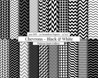 Black and White Seamless Digital Paper, Chevron Pattern, 12"x12", 20 Papers, Geometric Background, Black and White Digital Papers,Wavy Lines
