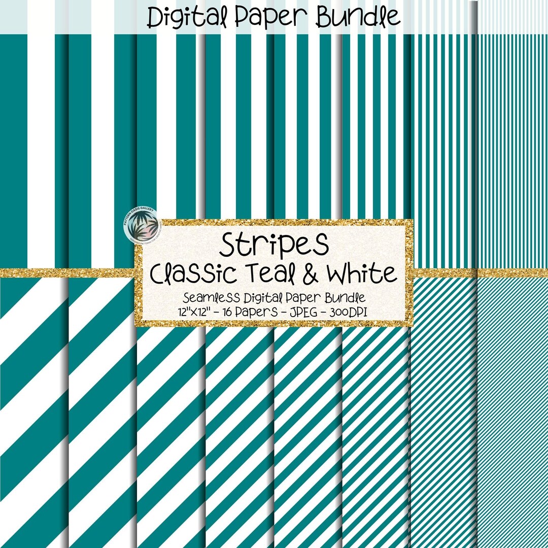 Stripes Digital Paper Bundle, Seamless Teal Vertical and Diagonal ...