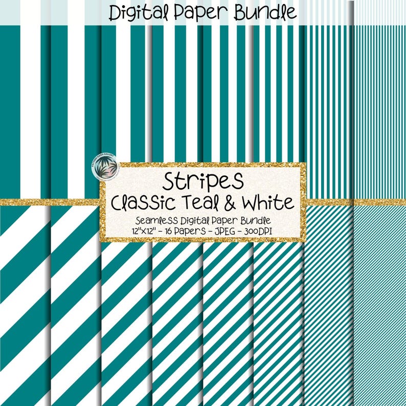 Stripes Digital Paper Bundle, Seamless Teal Vertical and Diagonal ...