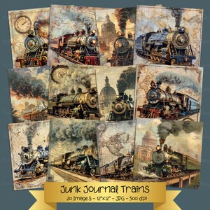 Train Junk Journal Paper, Locomotive Transportation Printable Ephemera, Background Mixed Media, Vintage Old Scrapbook Sheet, Distressed