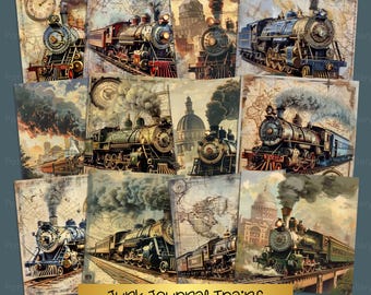 Papel para diário com tema de trem, material impresso com tema de transporte ferroviário, fundo em técnica mista, folha de scrapbook vintage, efeito desgastado
