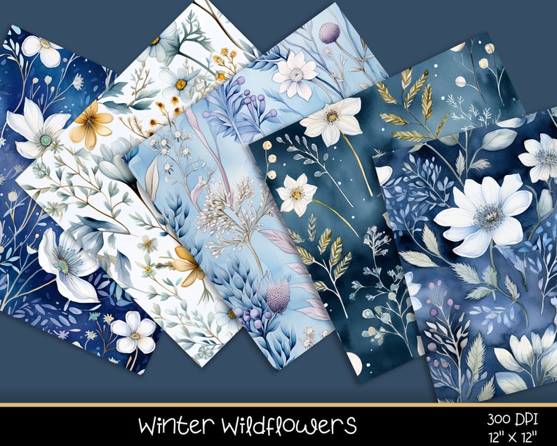 Winter Wildflowers Seamless Digital Papers, Snowy Wildflower Patterns ...