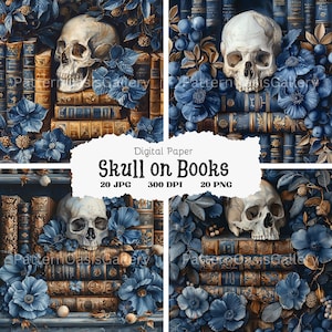Skull on Books Images, Skull with Flowers Images, 20 High Quality Designs, JPG & PNG, Halloween Image, Commercial Use, Digital Download,#155