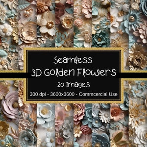 3D goldene Blumen Digitale Papiere, 3D Blumen Muster, 20 Designs, 12x12 Zoll, kommerzielle Nutzung, 3D Blumenmuster