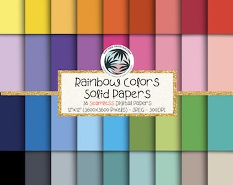 Könnte beinhalten: Eine Sammlung von 36 nahtlosen digitalen Papieren in Regenbogenfarben. Jedes Papier ist 30,48 cm x 30,48 cm groß und hat eine andere Farbe, von Gelb bis Schwarz. Der Text "Rainbow Colors Solid Papers" ist enthalten.