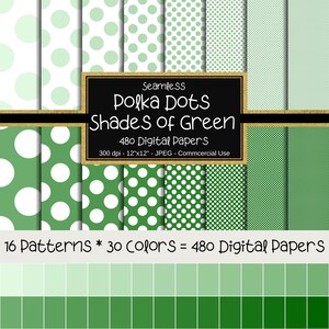 Shades of Green Polka Dots Seamless Digital Paper Pack, 12&quot;x12&quot;, 480 Papers, Small Polka Dots, Big Polka Dots, Dotted, Green Colored Dots